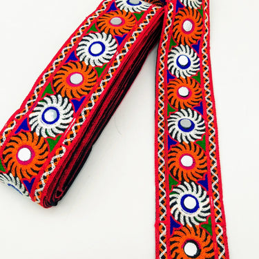 Black Cotton Fabric Trim with Multicolor Embroidery and Real Mirror, Kutch Embroidery Trim, Mirror Lace